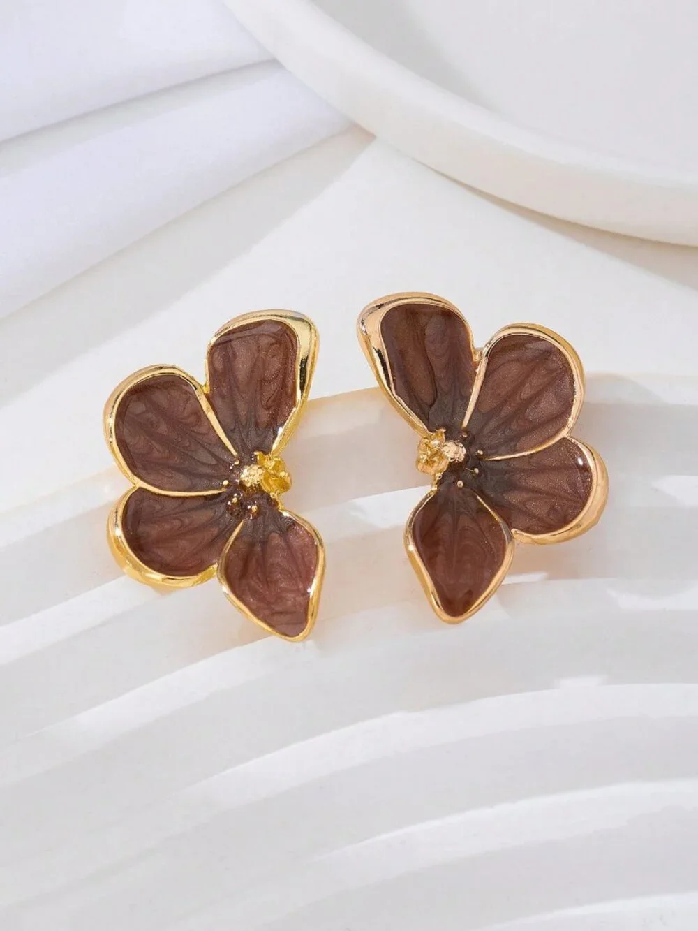 brown Women's Handpainted Enamel Golden floral Earrings